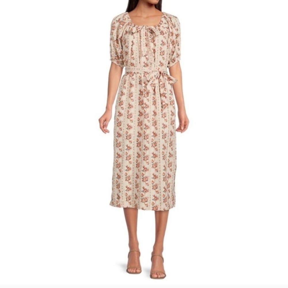 A Loves A Floral Print Belted Dress Cream Size Medium Side Pockets Cotton - Picture 2 of 9
